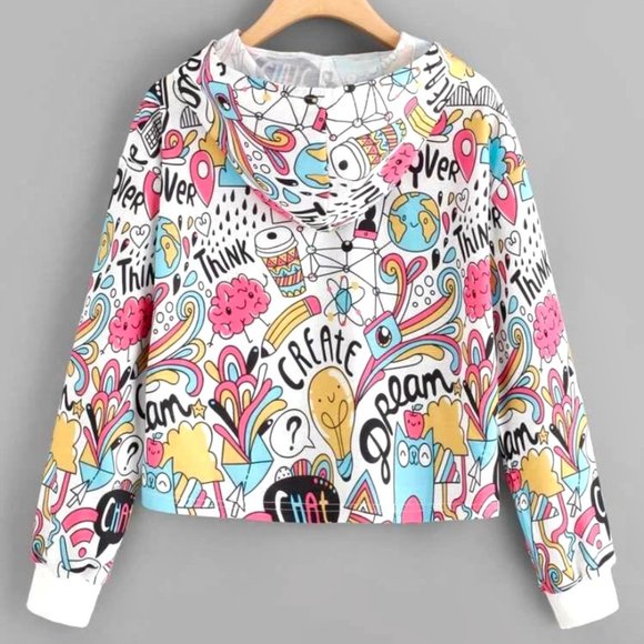 CartoonPrint Multicolor Pullover Drawstring Hoodie - Picture 6 of 9